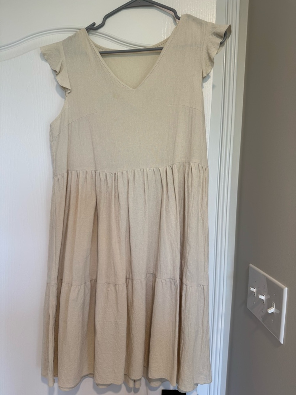 Neutral Tiered V-Neck Flutter Sleeve Dress